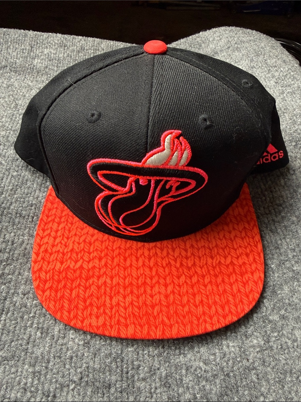 adidas Black and Red Miami Heat Logo Flat Brim Hat
